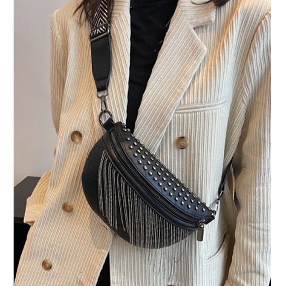 Luxe Black Vegan Leather Zipper Studded Fringe Fanny Pack Crossbody Bum Bag - Picture 3 of 5